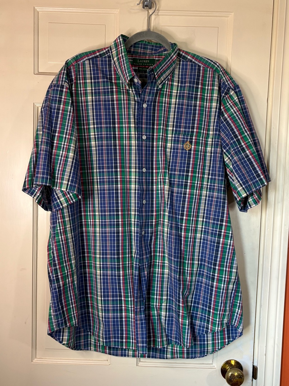 Lauren Ralph Lauren Crest Blue Plaid Cotton Mens Short Sleeve Shirt XL